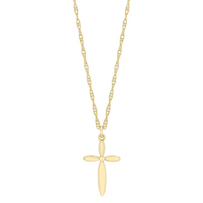 Yellow Gold Rounded Edge Cross Pendant, 18"
