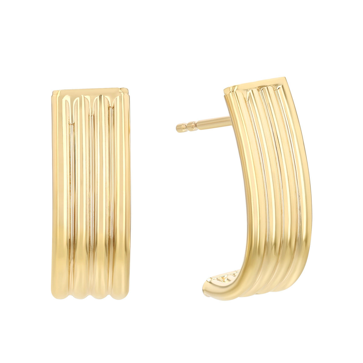 Yellow Gold Ribbed J-Hoop Earrings