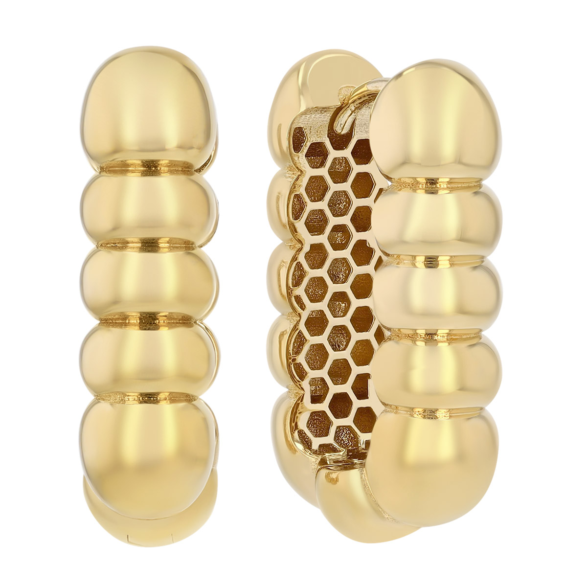 Yellow Gold Ribbed Puff Oval Hoop Earrings