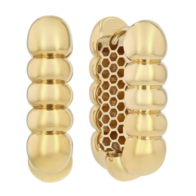 Yellow Gold Ribbed Puff Oval Hoop Earrings