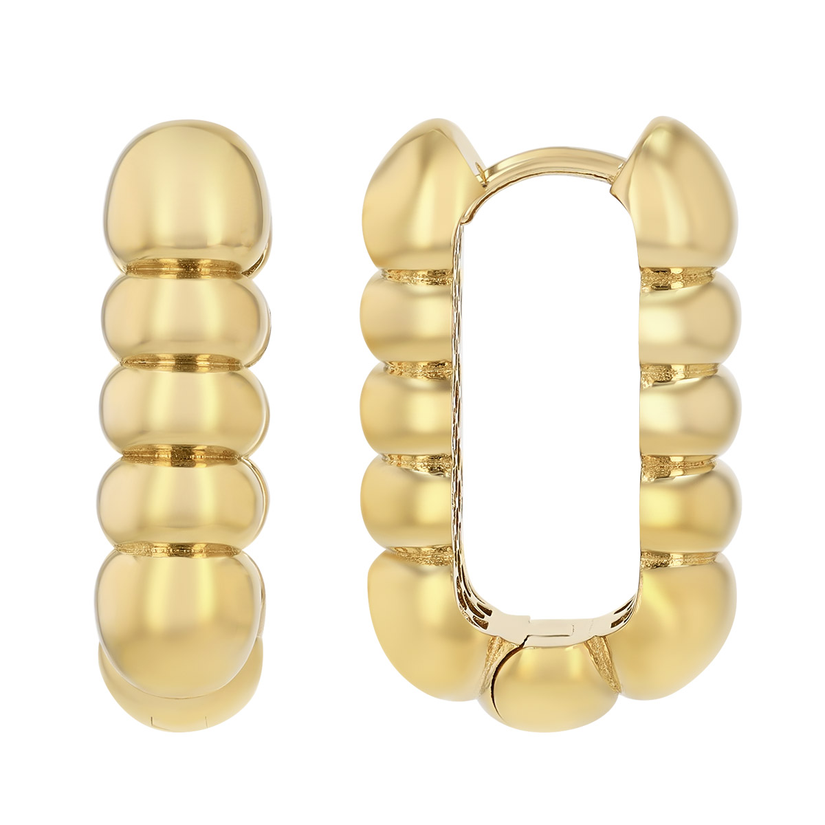 Yellow Gold Ribbed Puff Oval Hoop Earrings