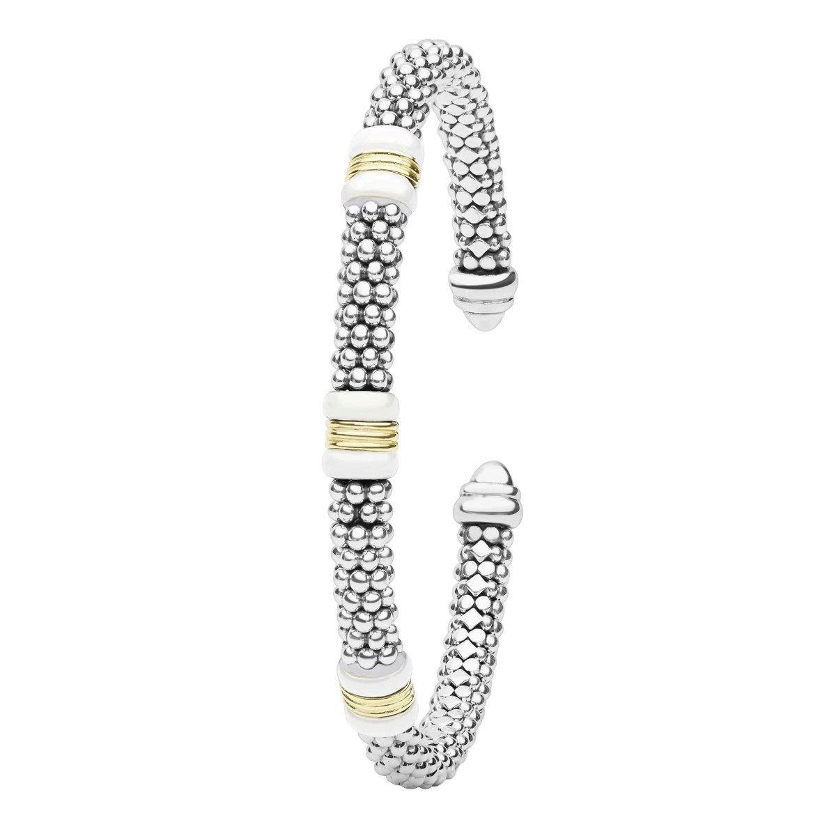 LAGOS White Caviar Two-Tone Three Station White Ceramic Versa Torque Bracelet, 5 mm, Size L