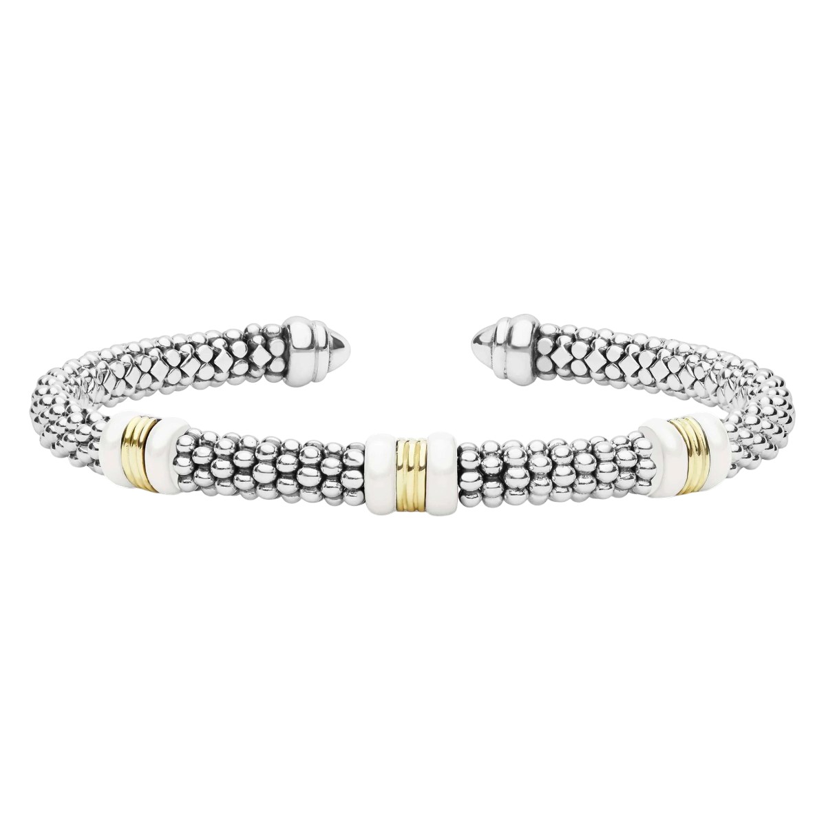 LAGOS White Caviar Two-Tone Three Station White Ceramic Versa Torque Bracelet, 5 mm, Size XL