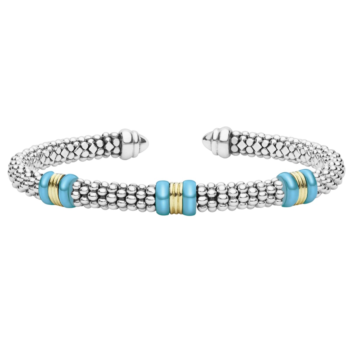 LAGOS Blue Caviar Two-Tone Three Station Blue Ceramic Versa Torque Bracelet, 5 mm, Size L