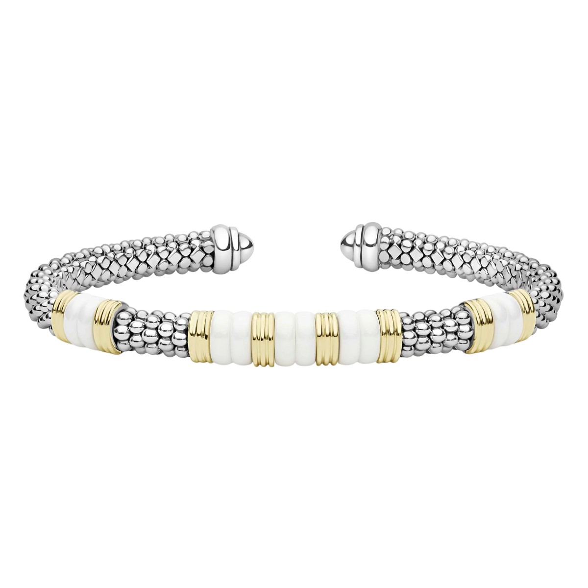 LAGOS White Caviar Two-Tone Five Station White Ceramic Versa Torque Bracelet, 5 mm, Size L