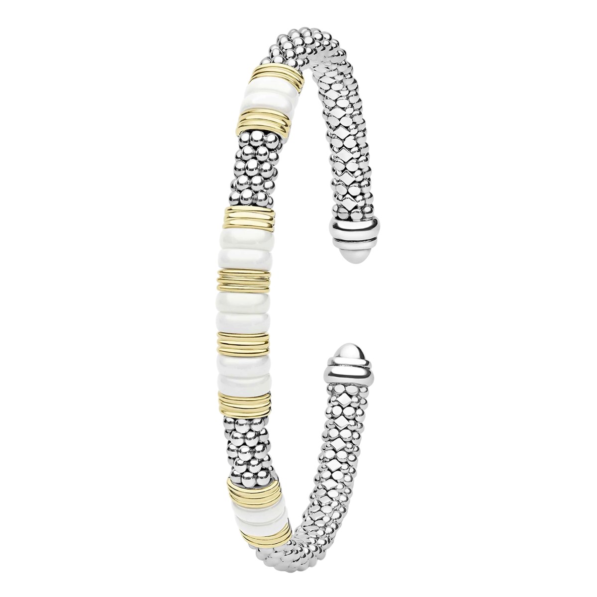 LAGOS White Caviar Two-Tone Five Station White Ceramic Versa Torque Bracelet, 5 mm, Size L