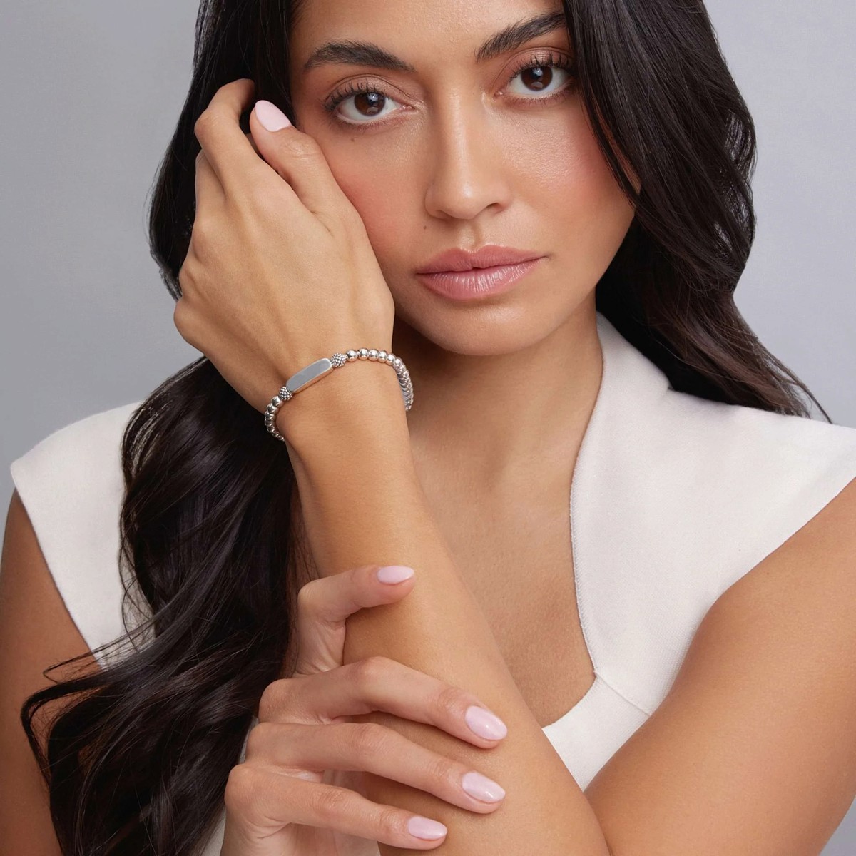 LAGOS Signature Caviar Silver Engravable Station Stretch Bead Bracelet, Size M
