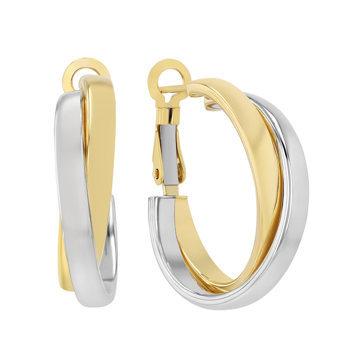 Two Tone 14K Gold Criss Cross Omega Back Hoop Earrings
