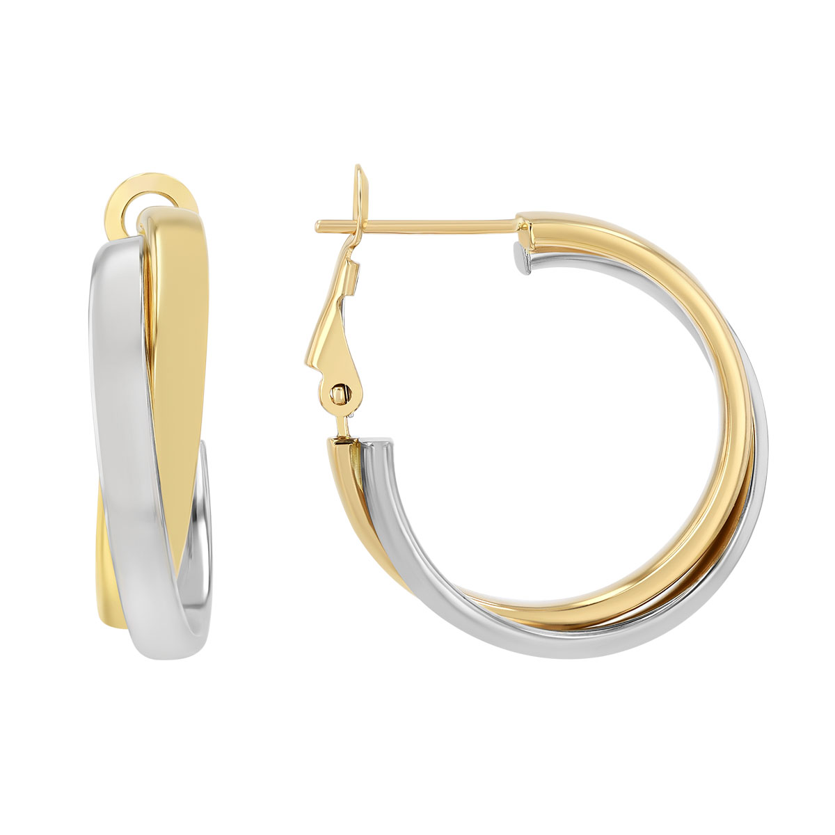 Two Tone 14K Gold Criss Cross Omega Back Hoop Earrings