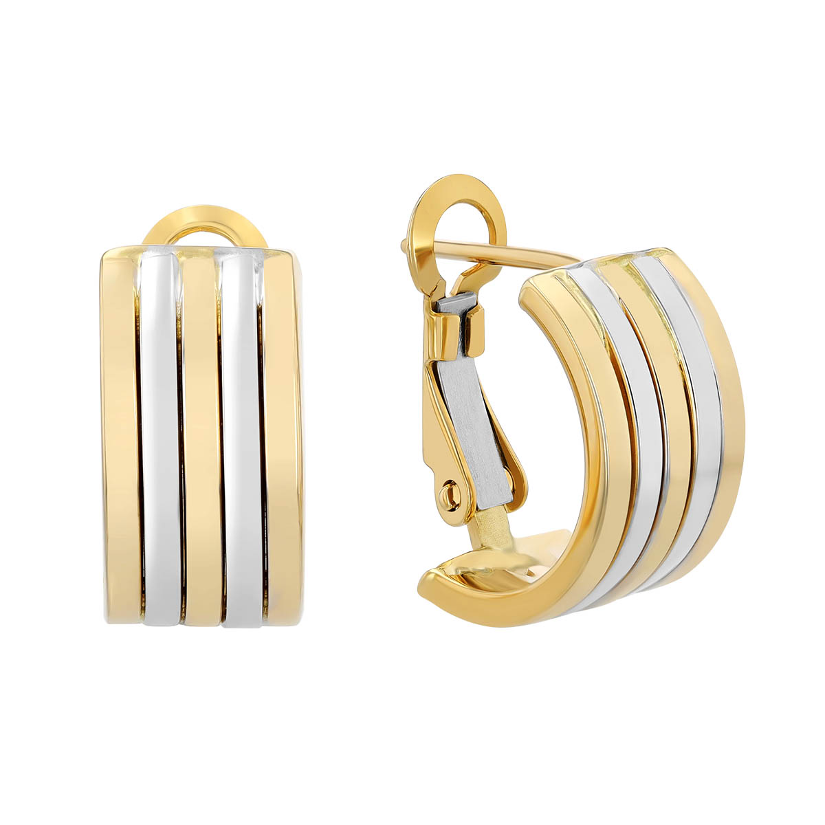 Two Tone 14K Gold 5 Row Omega Back Hoop Earrings, 12 x 1.5 mm