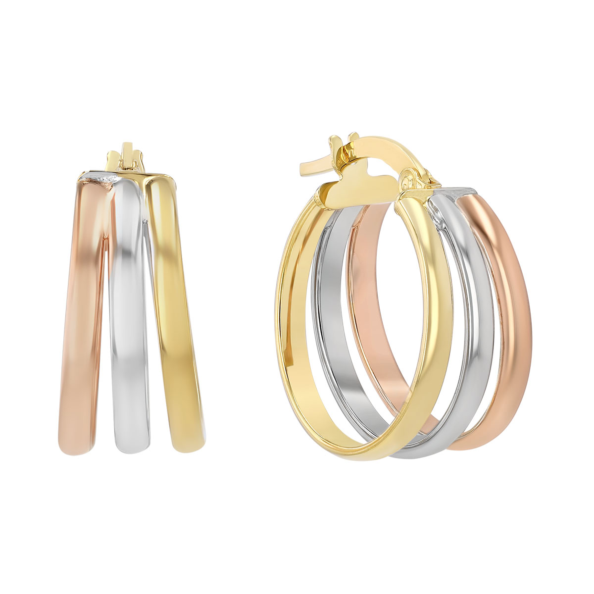 Tri Tone 14K Gold Tapered Rib Hoop Earrings, 15 mm