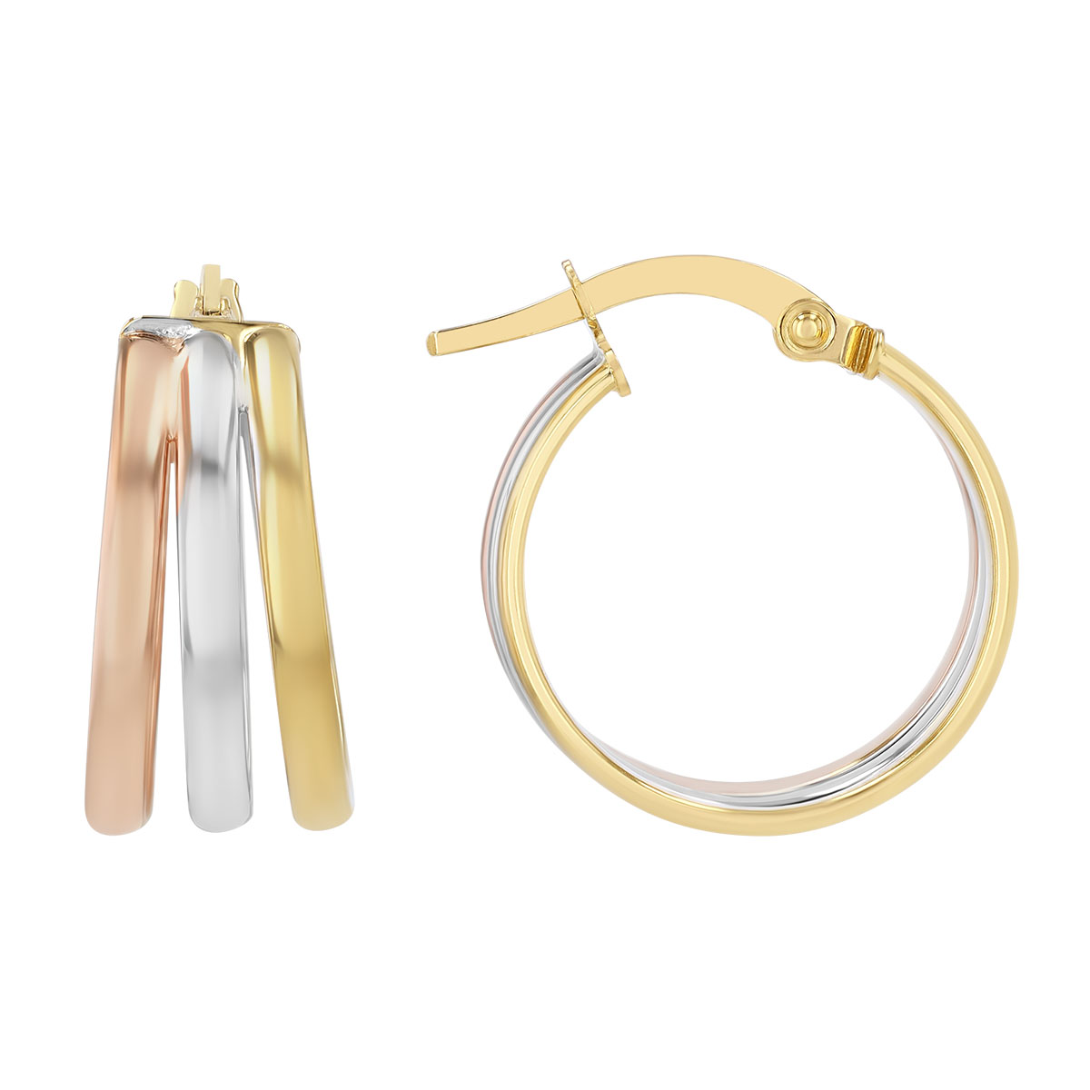 Tri Tone 14K Gold Tapered Rib Hoop Earrings, 15 mm