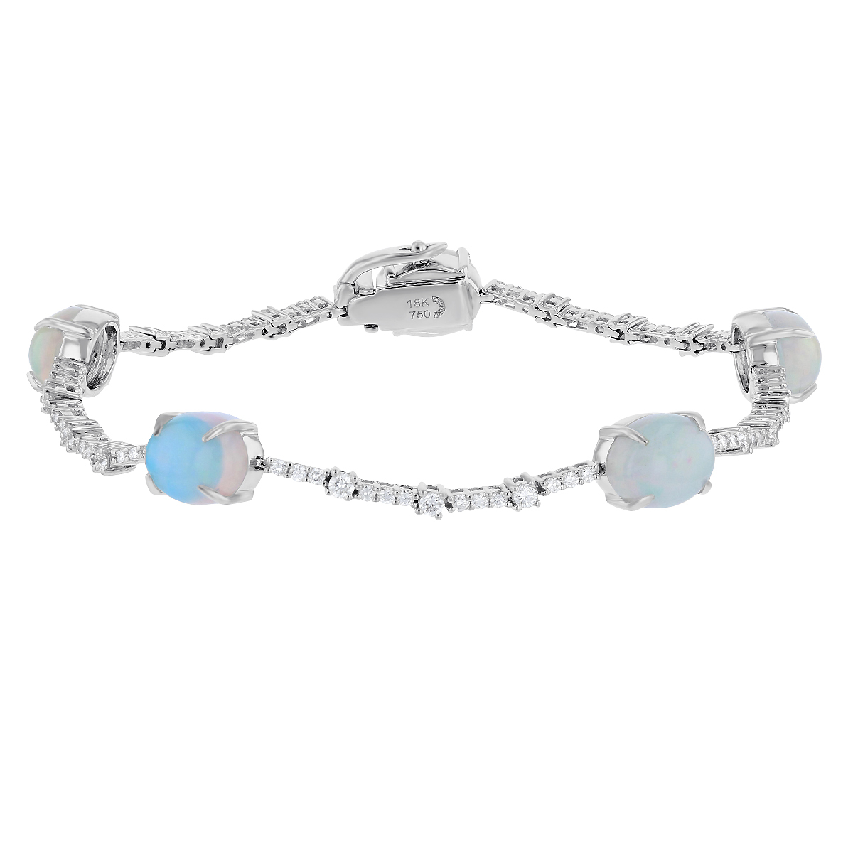 Oval Cabochon Opal & Diamond Station Bracelet in White Gold, 7