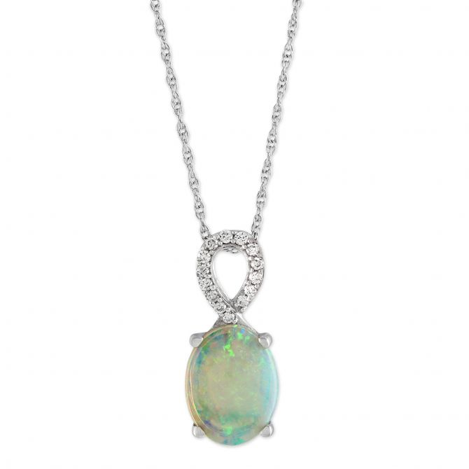 14K White Gold Opal & Diamond Loop Pendant, 18"