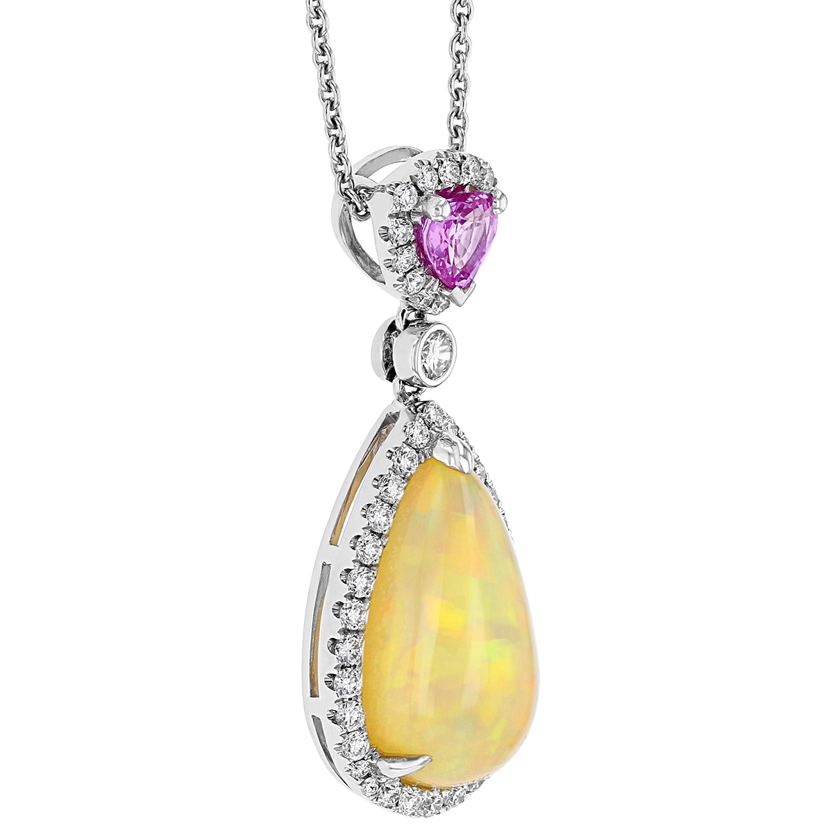 Pear Shaped Opal Cabochon, Heart Shaped Pink Sapphire & Diamond Pendant in White Gold, 16
