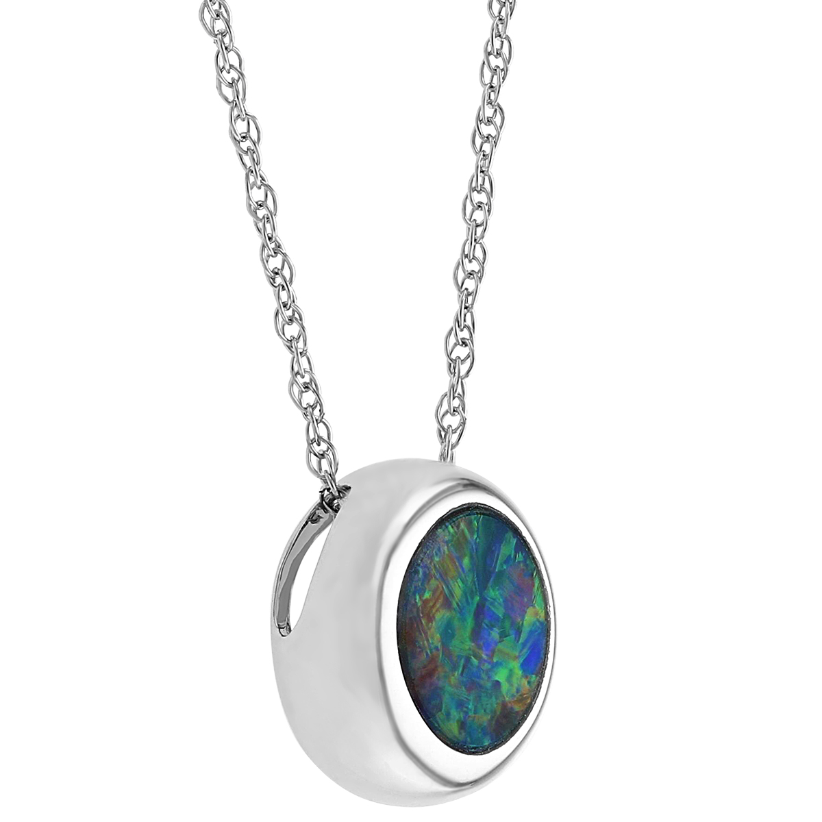 Round Opal Doublet Bezel Set Pendant in White Gold, 18