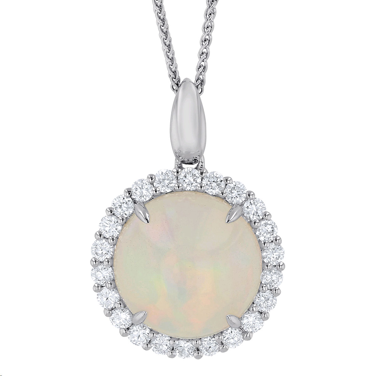 Cabochon Opal & Diamond Halo Circle Pendant in White Gold, 17