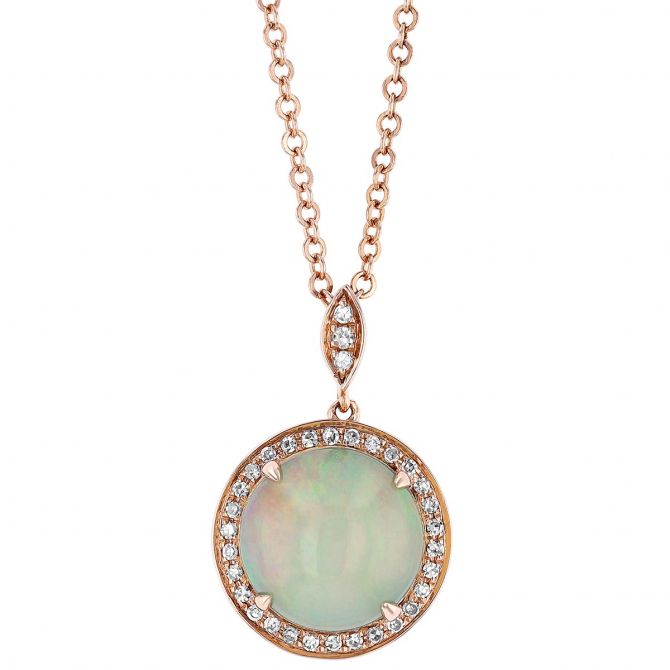 Round White Opal Cabochon Pendant with Diamond Halo in Rose Gold, 18"