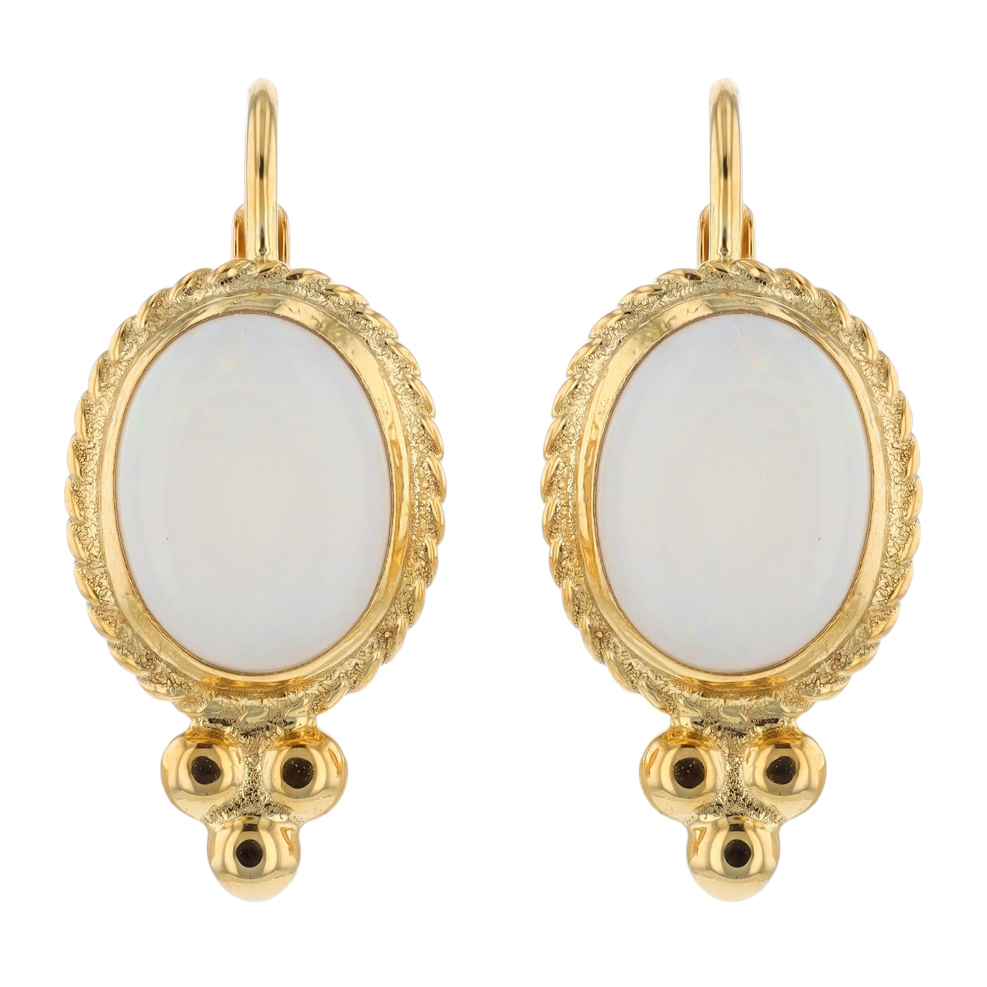 Bezel Set Oval Cabochon Opal Drop Earrings in Yellow Gold