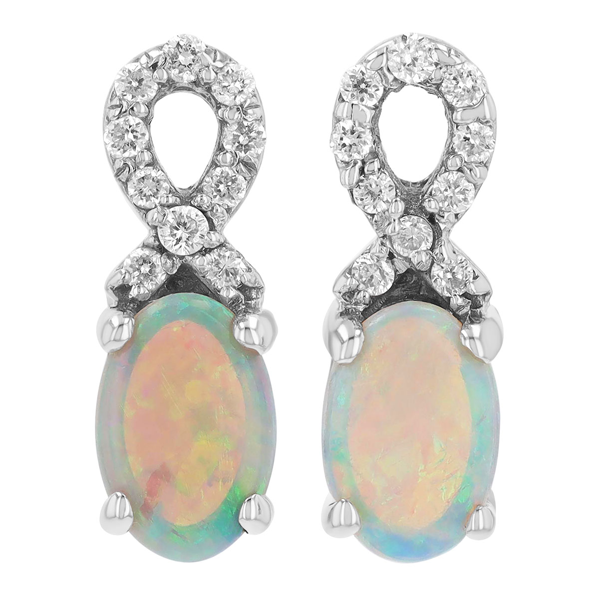 Oval Cabochon Opal & Diamond Swirl Drop Earrings in White Gold