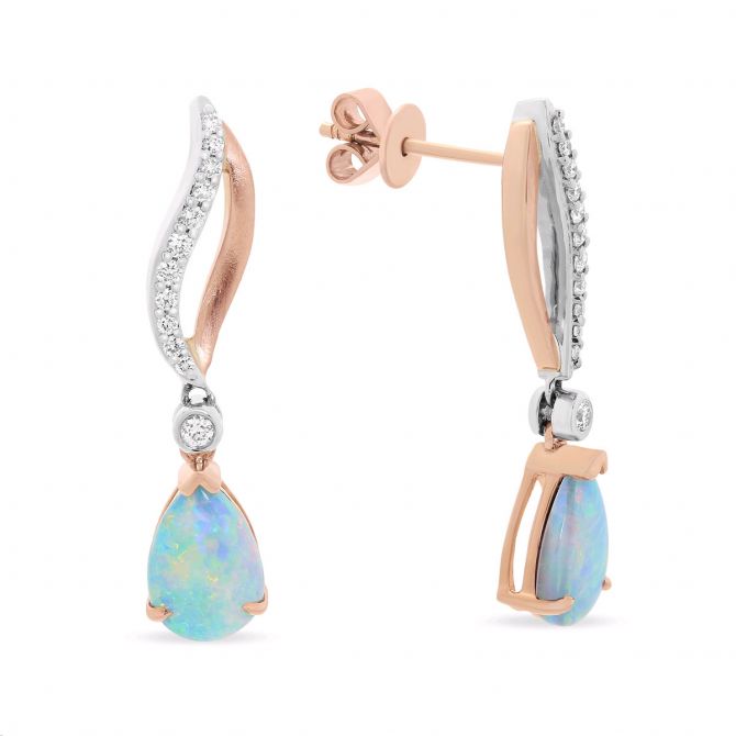 Pear Shaped Opal & Diamond Curved Post Back Drop Earrings in Rose & White Gold