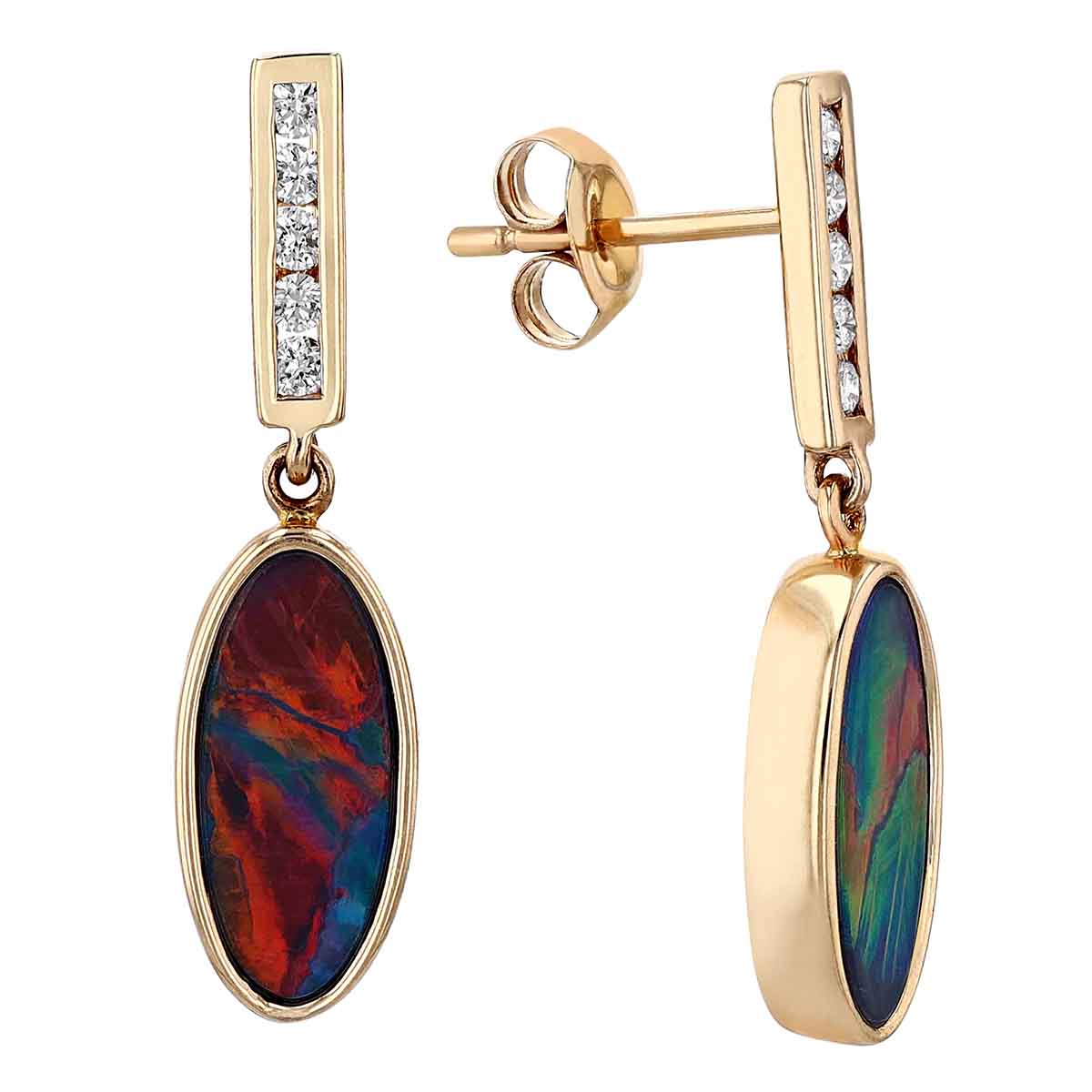 Opal Doublet & Diamond Drop Earrings in Yellow Gold