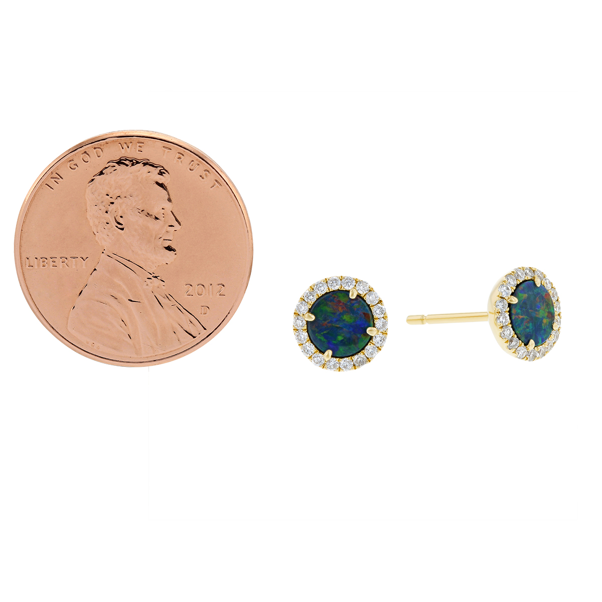 14K Yellow Gold Round Opal Doublet & Diamond Halo Stud Earrings