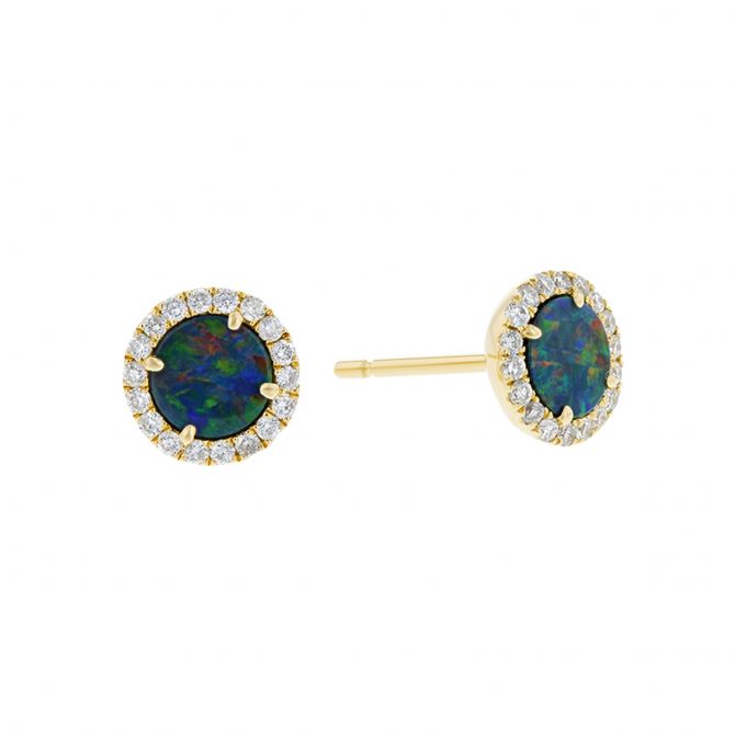 14K Yellow Gold Round Opal Doublet & Diamond Halo Stud Earrings