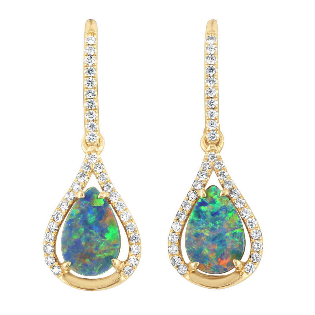 Pear Shaped Opal Doublet & Diamond Halo Leverback Dangle Earrings in Yellow Gold