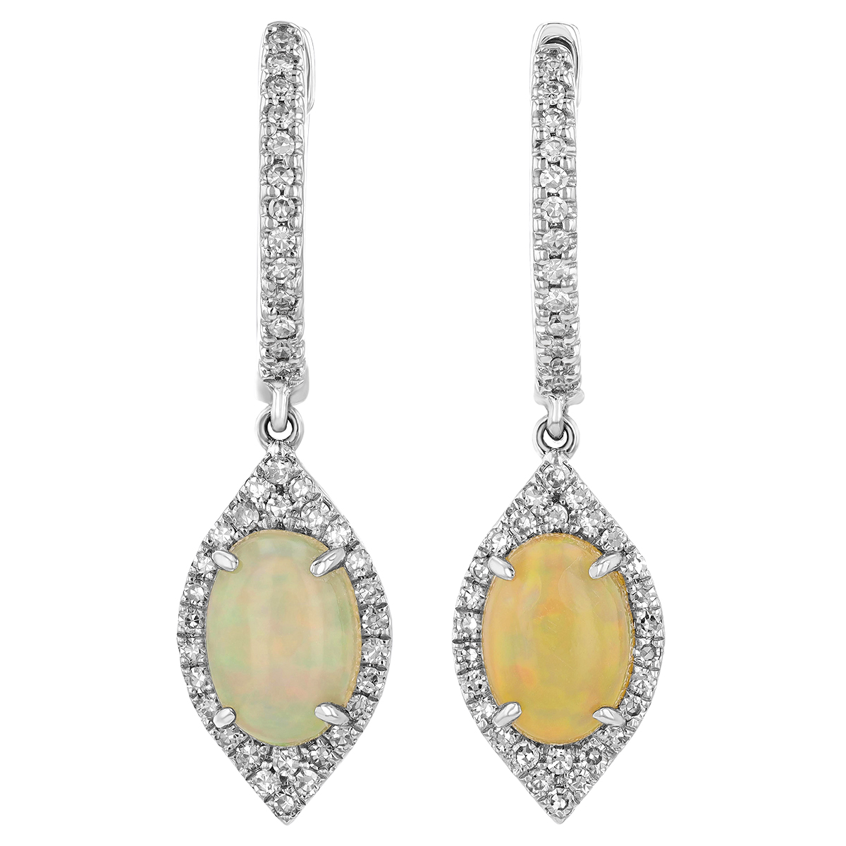 Oval Cabochon Opal & Diamond Halo Dangle Hoop Earrings in White Gold