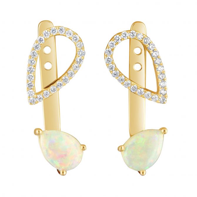 Diamond Open Teardrop Post Earrings with Pear Shaped Opal Drop Jackets in Yellow Gold