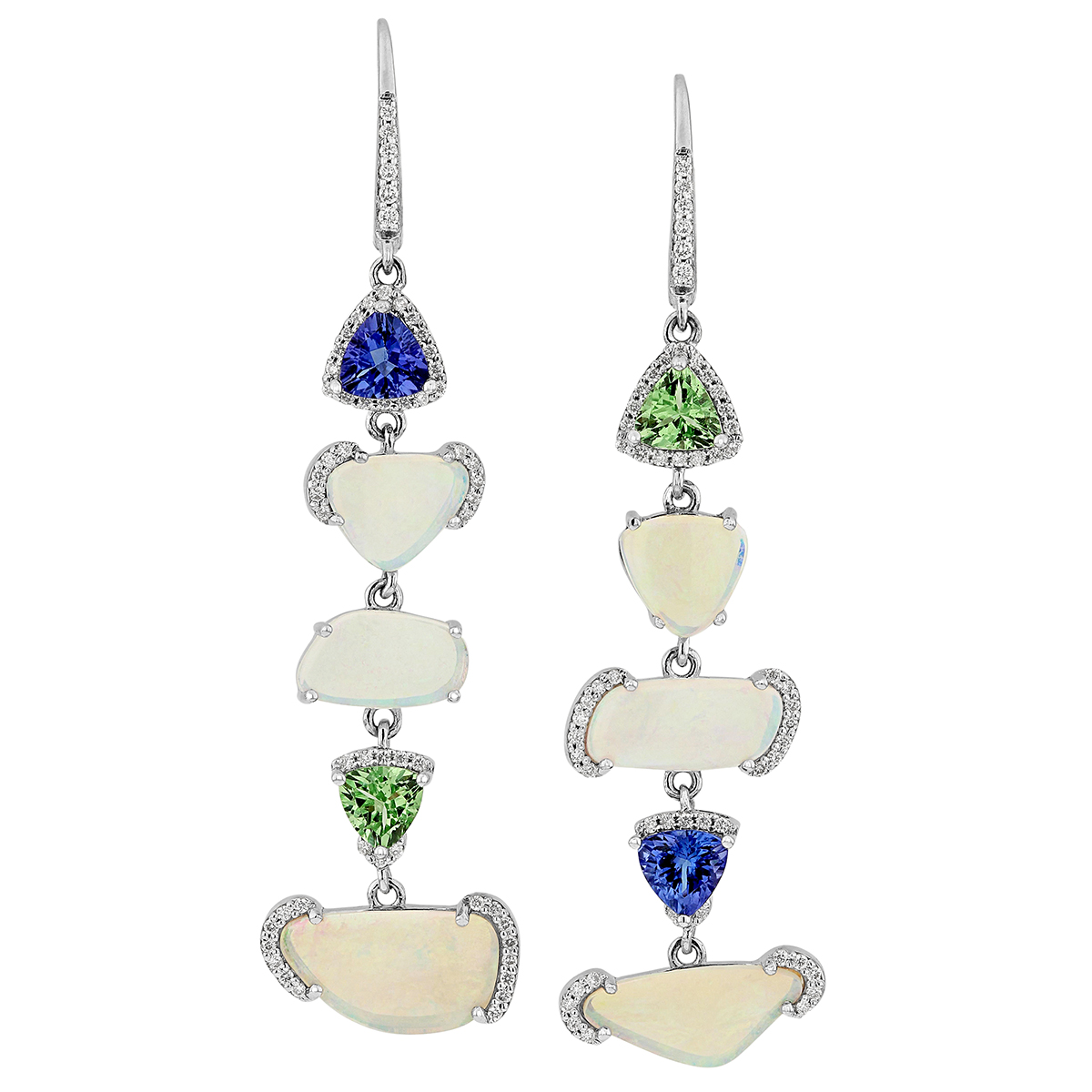 Opal, Green Garnet, Tanzanite, & Diamond Freeform Drop Earrings in White Gold
