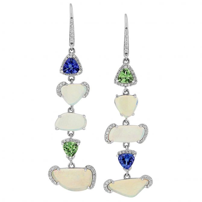 Opal, Green Garnet, Tanzanite, & Diamond Freeform Drop Earrings in White Gold