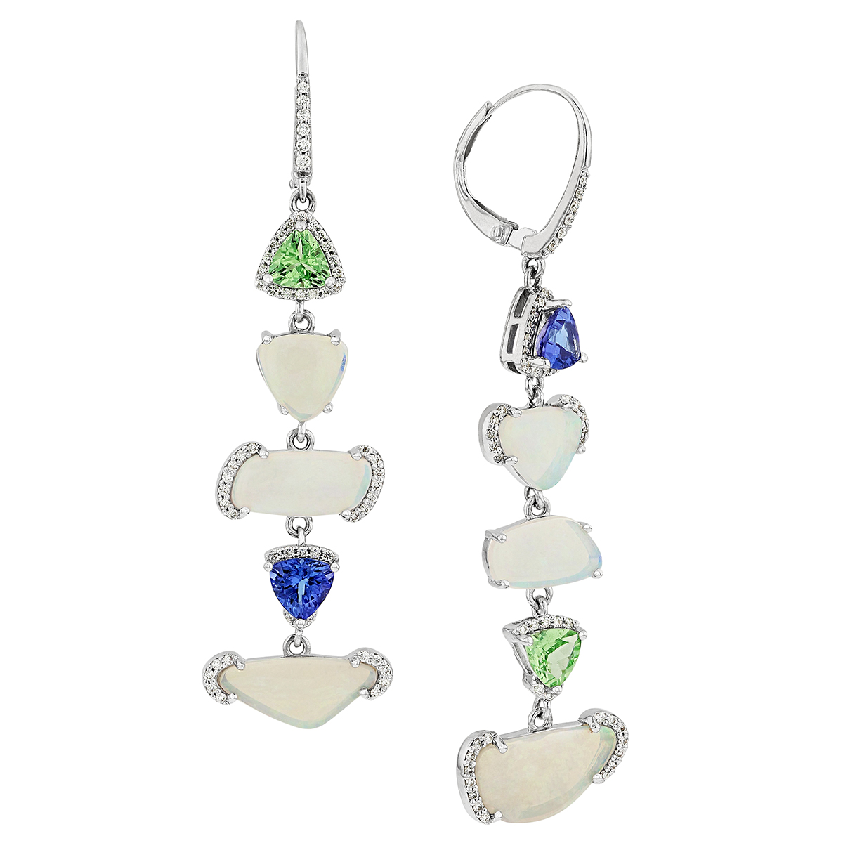 Opal, Green Garnet, Tanzanite, & Diamond Freeform Drop Earrings in White Gold