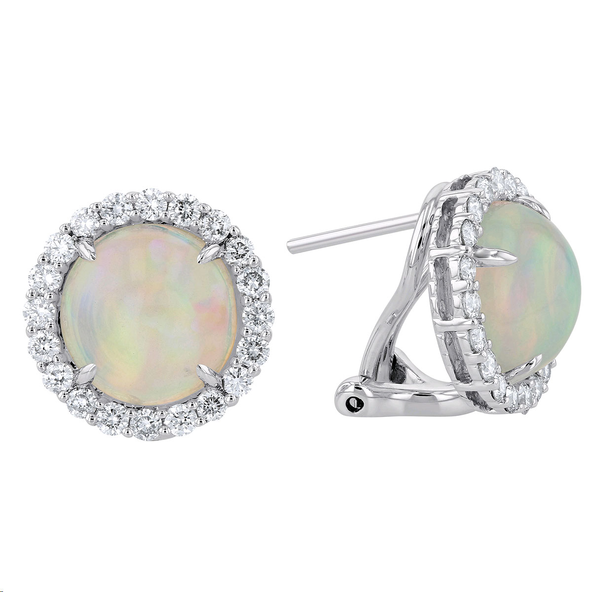 Cabochon Opal & Diamond Halo Circle Earrings  in White Gold