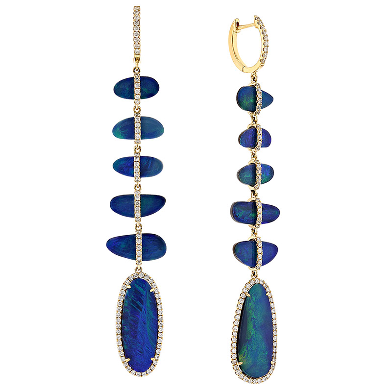 Opal Doublet & Diamond 6 Station Long Drop Earrings in Yellow Gold