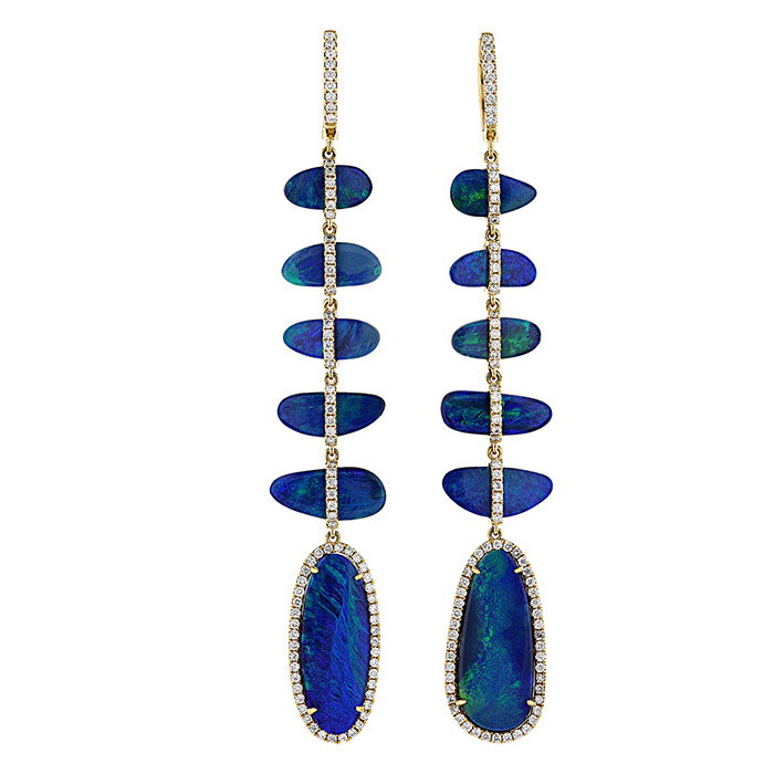 Opal Doublet & Diamond 6 Station Long Drop Earrings in Yellow Gold
