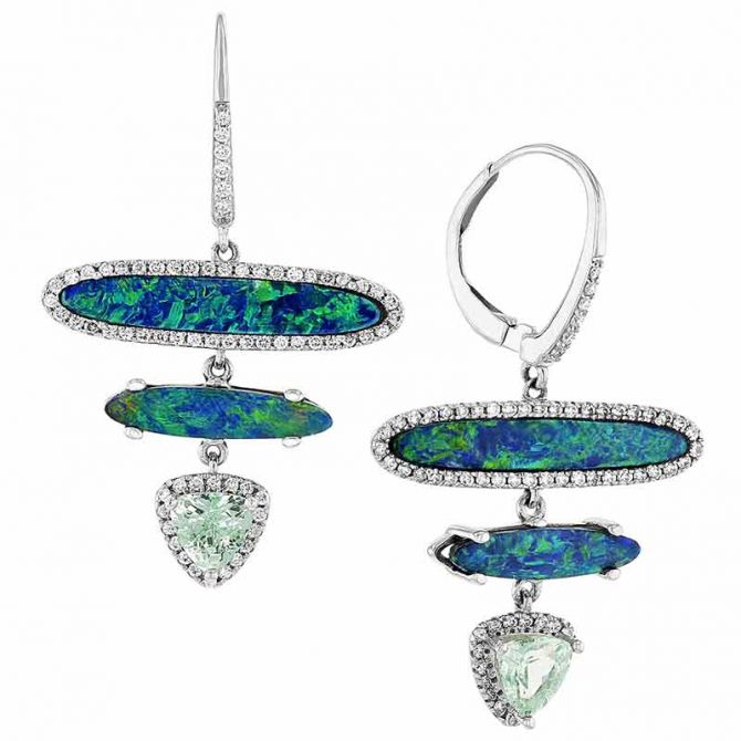 Opal Doublet, Trillion Green Garnet, & Diamond Halo Leverback Drop Earrings in White Gold