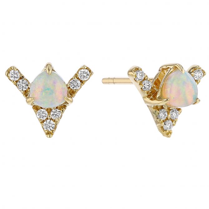 White Opal & Diamond Chevron Dainty Stud Earrings in Yellow Gold