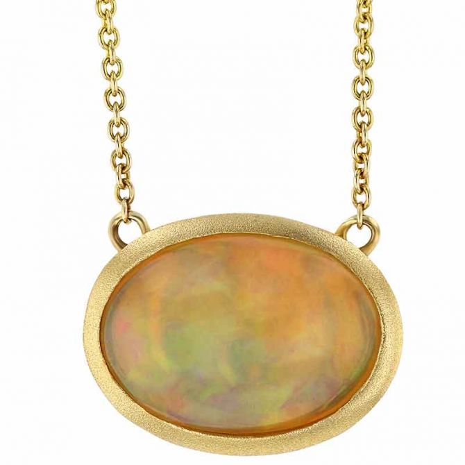 Oval White Opal Necklace in Matte Yellow Gold, 18"