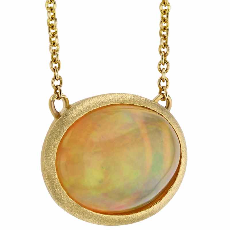 Oval White Opal Necklace in Matte Yellow Gold, 18