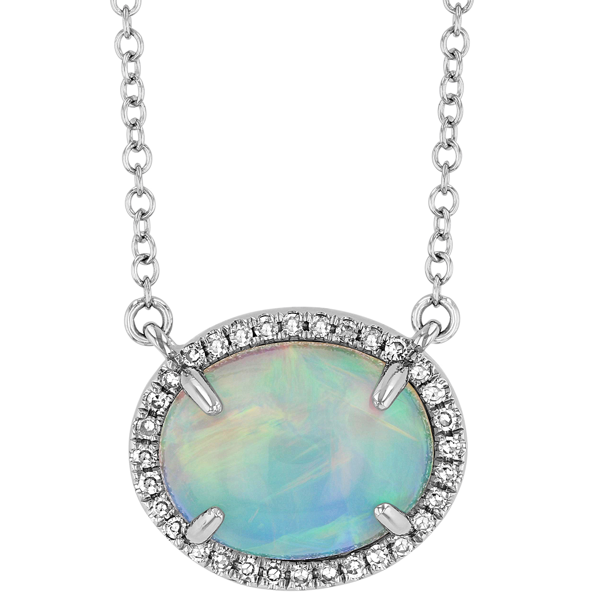 Cabochon Oval Opal & Diamond Halo Necklace in Yellow Gold, 18