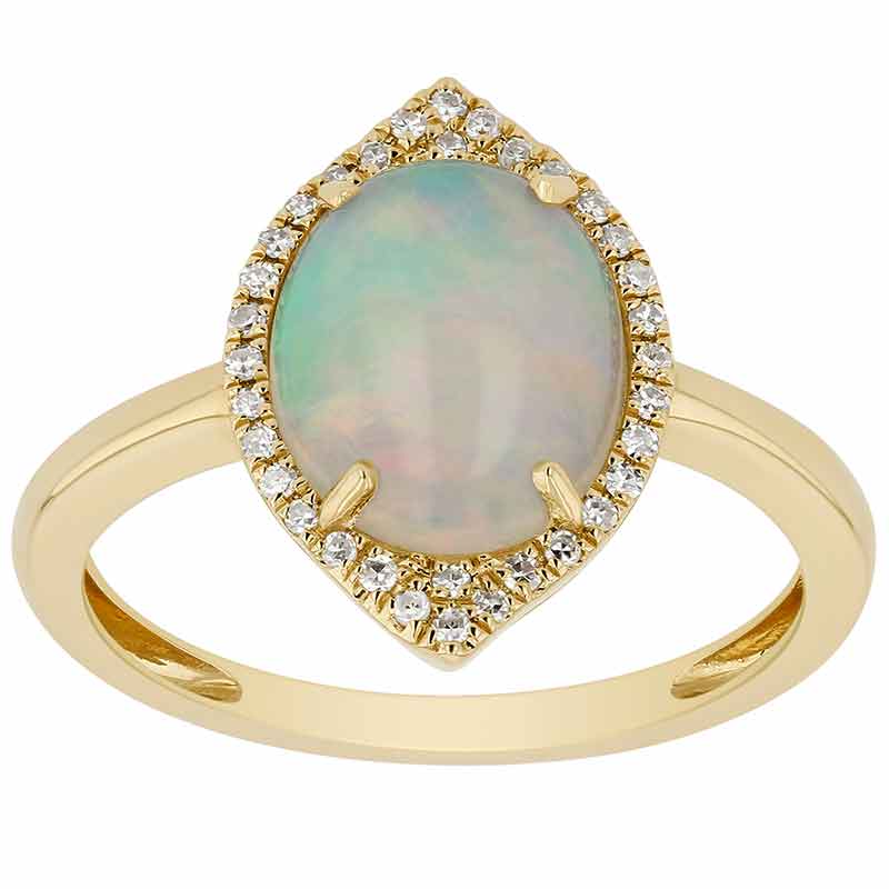 Oval Cabochon Opal Ring with Diamond Pavé Pointed Halo in Yellow Gold ...