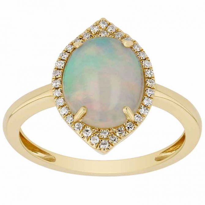 Oval Cabochon Opal Ring with Diamond Pavé Pointed Halo in Yellow Gold