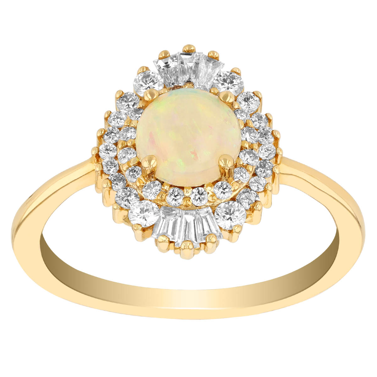 Round Cabochon Opal & Double Mixed Shape Diamond Halo Ring in Yellow Gold