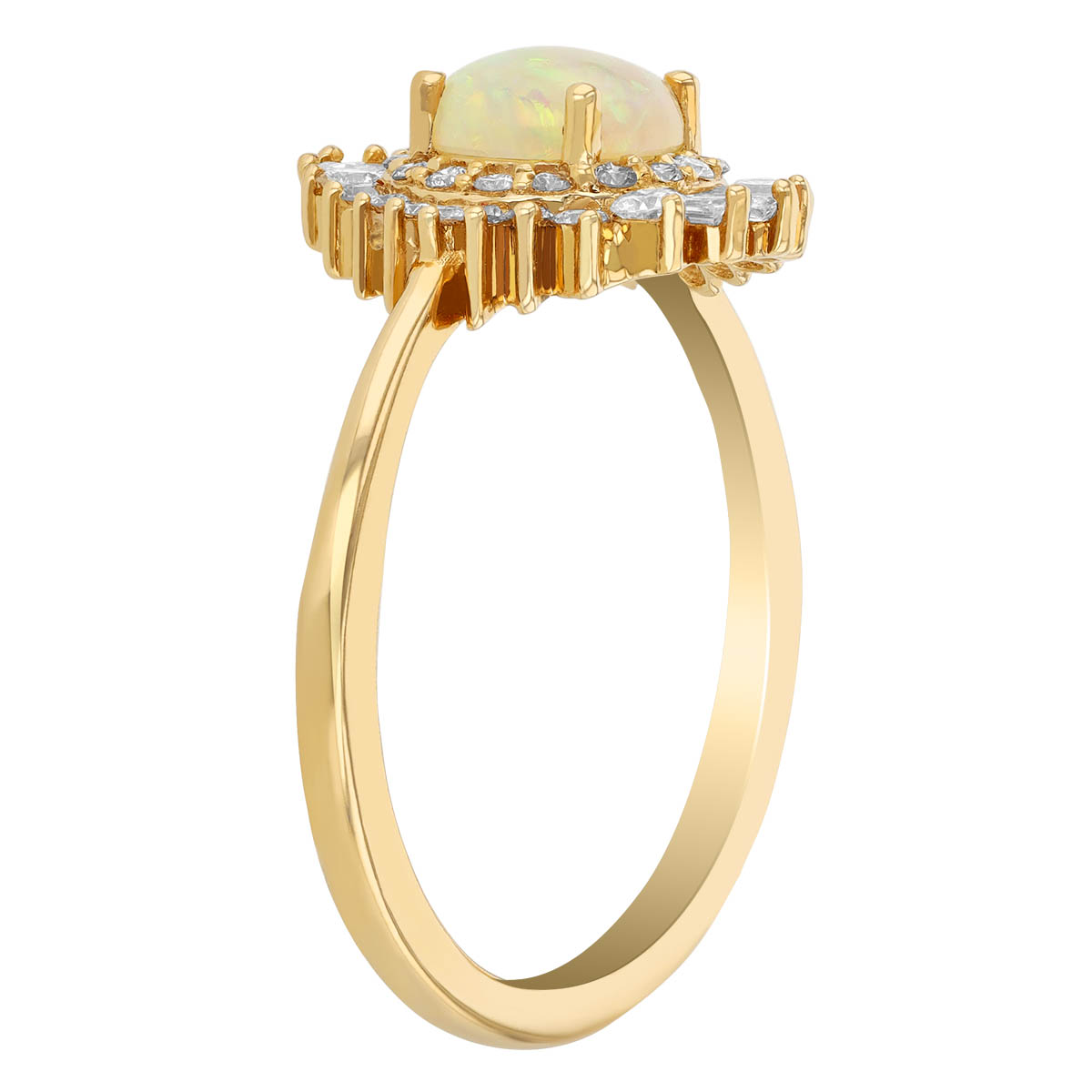 Round Cabochon Opal & Double Mixed Shape Diamond Halo Ring in Yellow Gold