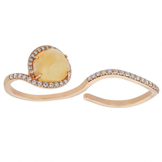 Fire Opal & Diamond Halo Two Finger Ring in Rose Gold with Pave Shank