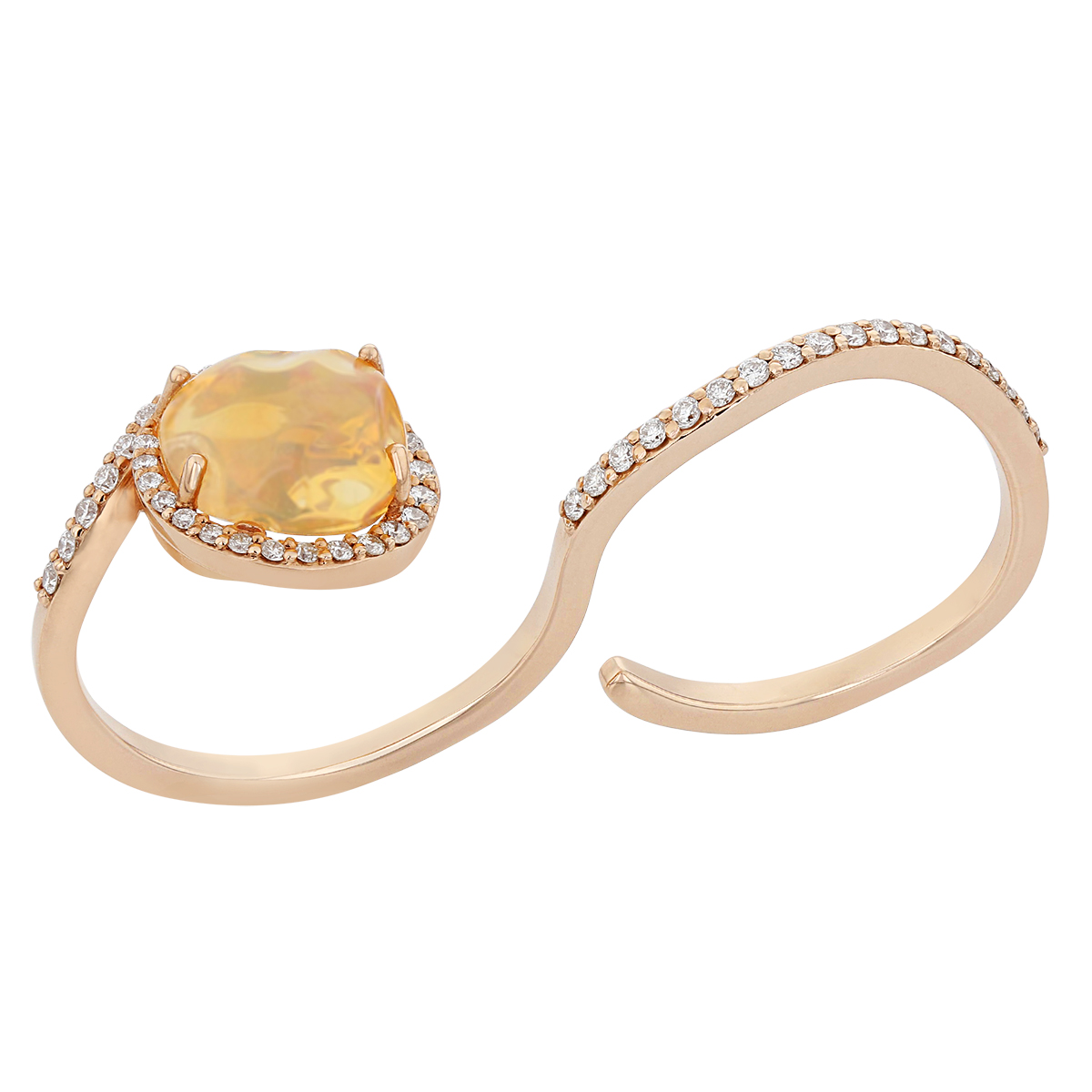 Fire Opal & Diamond Halo Two Finger Ring in Rose Gold with Pave Shank