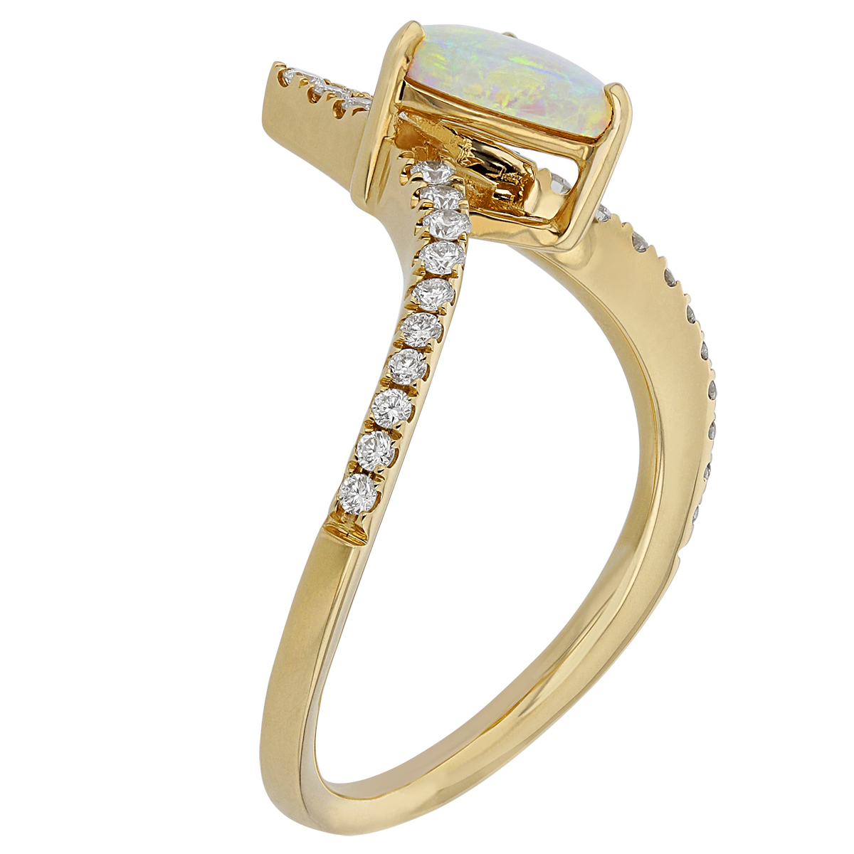 White Opal & Diamond Chevron Ring  in Yellow Gold