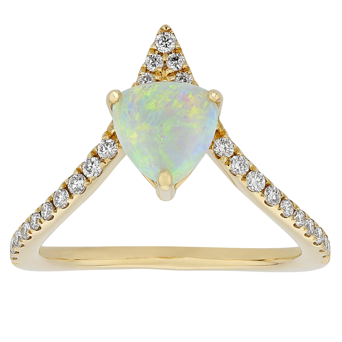 White Opal & Diamond Chevron Ring  in Yellow Gold